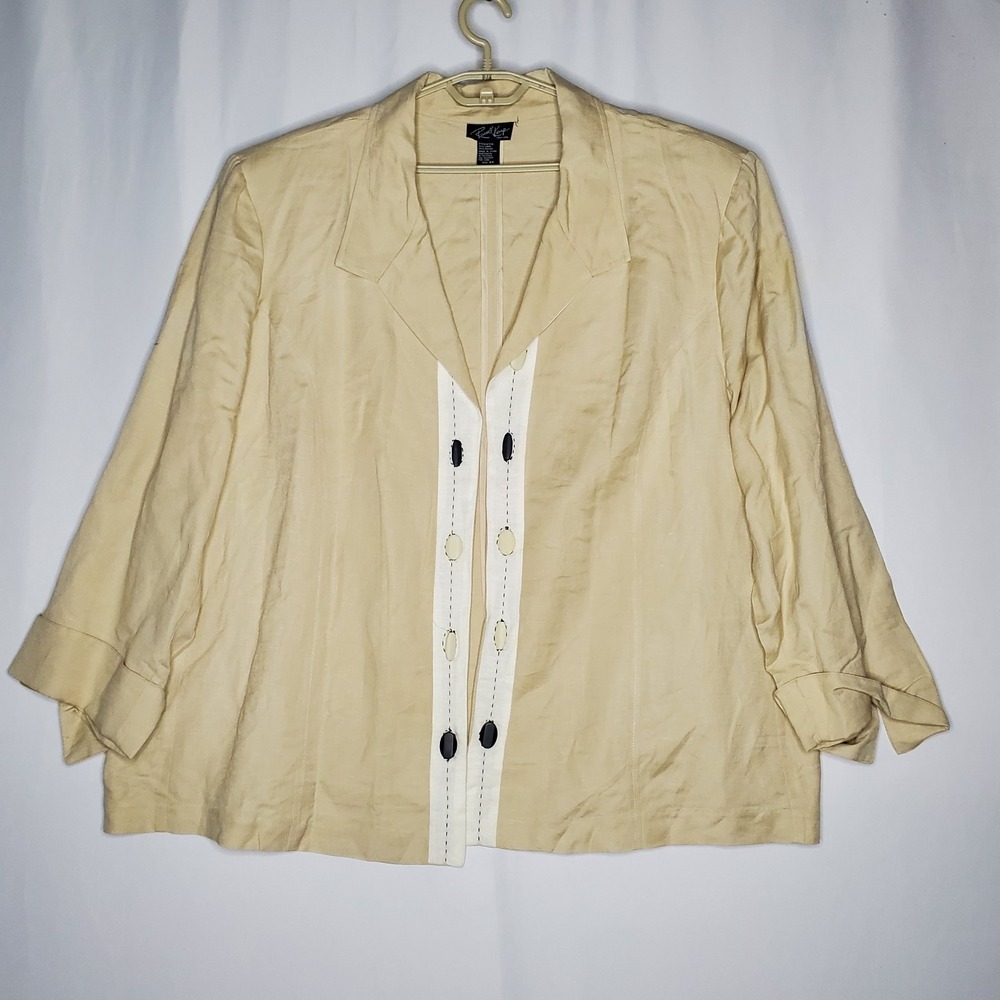 Russell Kemp New York Linen Blend Jacket Womens 4X Beige Beaded Open 3/4 Cuff